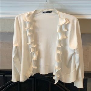White Crop Sweater, 3/4 Sleeves, Ruffle Front.